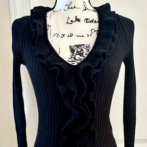 Black Ribbed Sweater with Ruffled Neckline